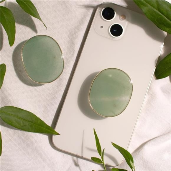 Authentic Natural Gemstone Oval Shape with Gold Edge Cellphone Grip Collapsible - Picture 3 of 8